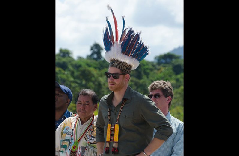 Prince Harry was gifted an Amerindian Head-dress and a traditional ‘breast plate’ necklace by residents of Surama, Region Nine. With him are Minister of Indigenous People’s Affairs, Sydney Allicock (left) and British High Commissioner, Gregg Quinn (behind Prince Harry). [Delano Williams photo]