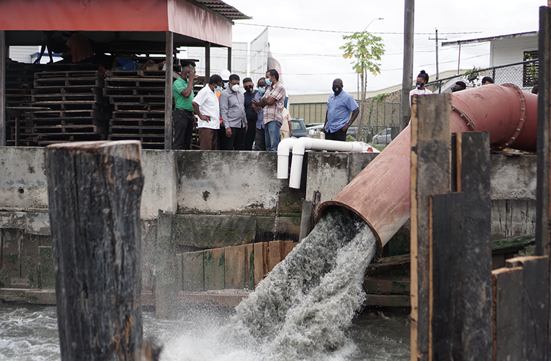 Minister of Agriculture, Zulfikar Mustapha, inspecting one of the newly installed pumps situated at the Ruimveldt South Sluice (Banks), Georgetown (Elvin Croker Photo)