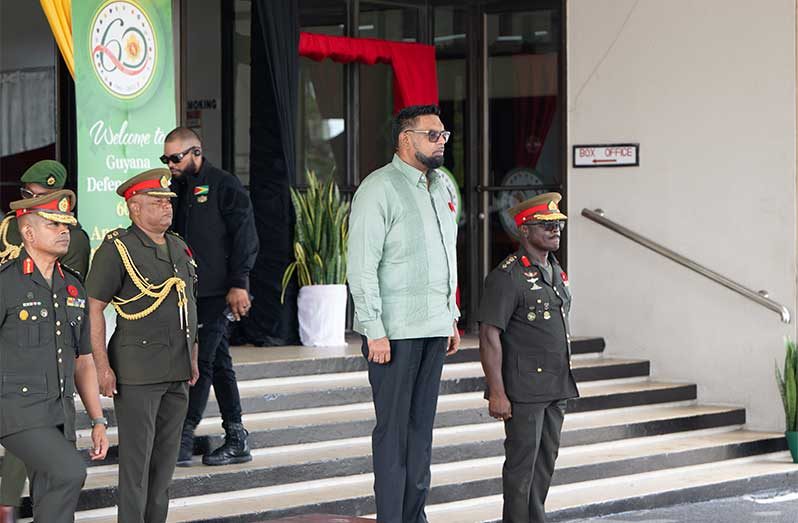 Commander-in-Chief of the Armed Forces, President Dr. Irfaan Ali, takes the salute at the GDF’s 60th Anniversary Thanksgiving Service (DPI’s photo)