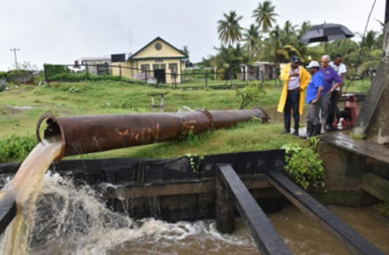 Minister of Public Infrastructure David Patterson, Minister
of Agriculture Noel Holder and National Drainage and
Irrigation Authority (NDIA) Chief Executive Officer (CEO)
Frederick Flatts inspect the pump in Buxton in operation
(DPI/GINA photo)