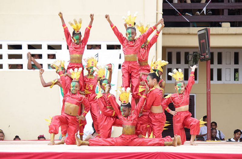 Children from the St. John the Baptist Primary School who performed a dance “Oneness with a touch of El Dorado” at the children's Mashramani competition in Bartica, Region Seven (Vishani Ragobeer photos)