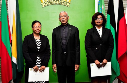 President Granger poses with the two newly sworn in Justices of Appeal. From left: Roxane George-Wiltshire and Justice Dawn Gregory
