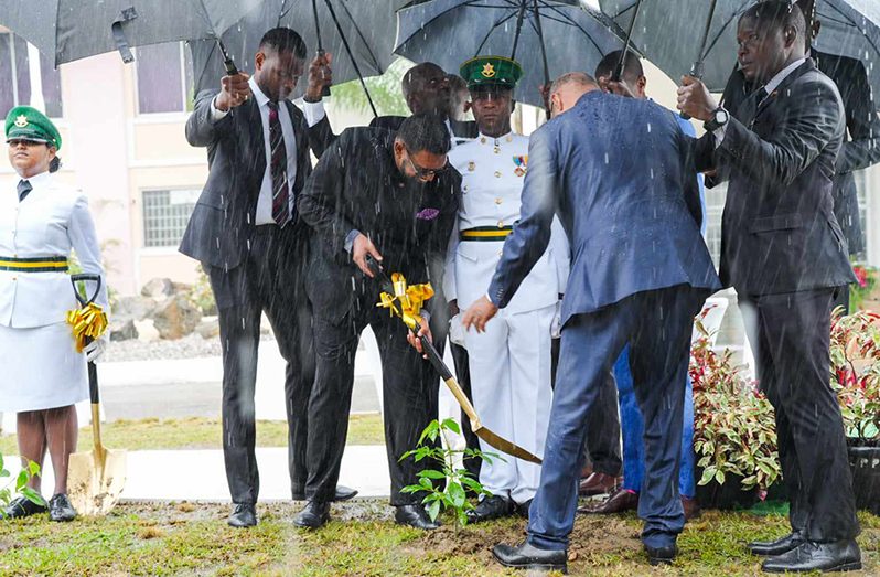 As part of CARICOM's 50th anniversary festivities, President Dr. Irfaan Ali and other CARICOM Heads participated in a tree-planting exercise despite Tuesday morning’s severe downpour. The leaders of the Caribbean also inserted a note in a “time capsule” that will be opened in 50 years by future leaders (Latchman Singh photo)