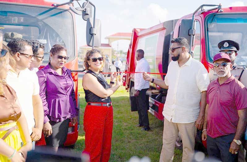 President Dr Irfaan Ali and Minister of Local Government and Regional Development, Priya Manickchand, on Monday, handed over one of 12 new garbage compactor trucks to Neighbourhood Democratic Councils in Region Three (Ministry of Local Government and Regional Development photos)