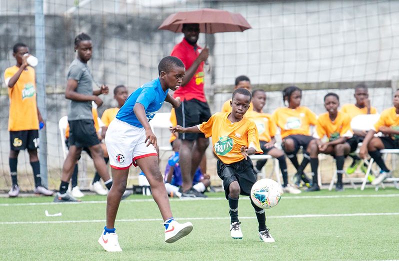 Some of the action between Fruta Conquerors (right) and Diamond United that lost 5-2 last Saturday.