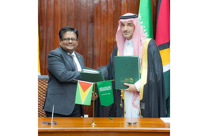 Senior Finance Minister, Dr. Ashni Singh, and Chief Executive Officer (CEO) of the Saudi Fund for Development, Sultan A. Al-Marshad signed a US$150 million agreement for critical infrastructural works in Guyana’s housing sector and the construction of the Wismar Bridge