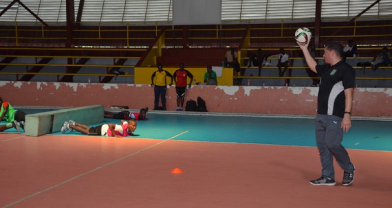 Technical Director Claude Bolton caught in action during the GFF trials for the National Futsal Team. (Delano Williams photo)