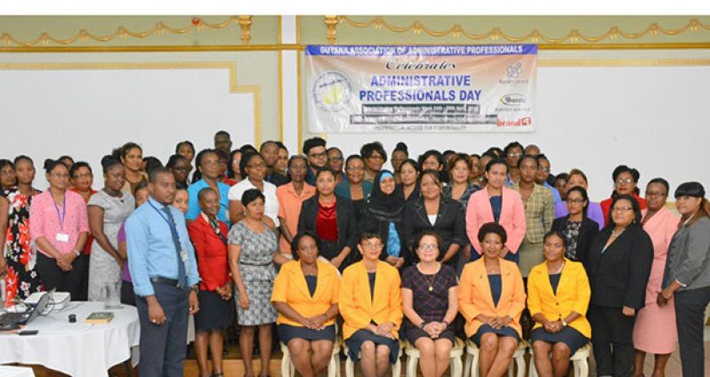 First Lady Mrs. Sandra Granger (centre, front row) with members of the Guyana Association of Administrative Professionals (GAAP) and participants of the seminar at the Regency Suites yesterday.