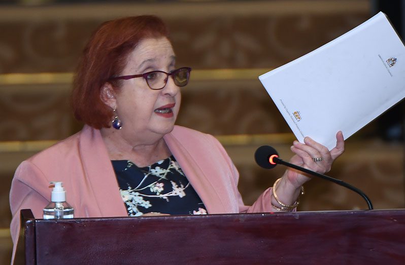 Minister of Parliamentary Affairs and Governance, Gail Teixeira, defending her government’s budget during the final day of the debate on the national 2021 budget
