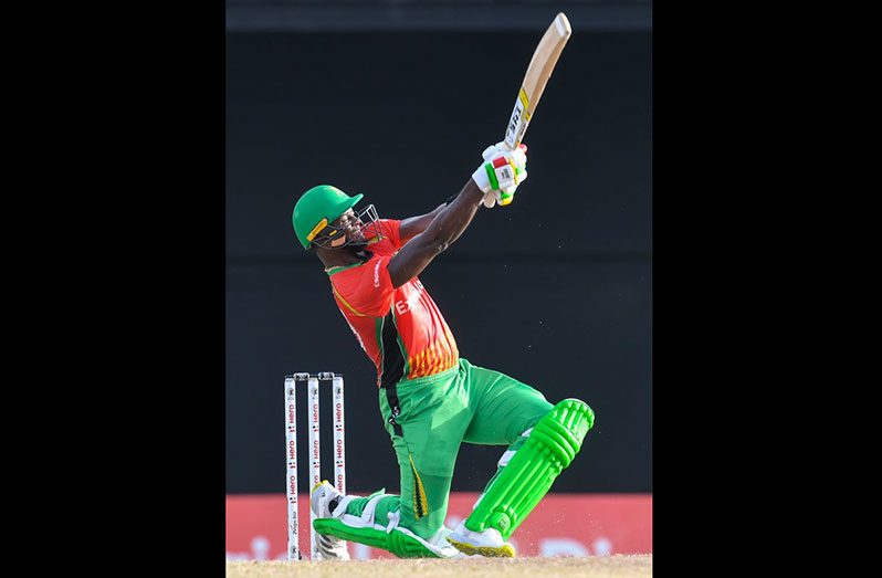 Romario Shepherd of Guyana Amazon Warriors hits a six during the 2021 Hero Caribbean Premier League match 29 between Guyana Amazon Warriors and Jamaica Tallawahs at Warner Park Sporting Complex, September 12, 2021 in Basseterre, St Kitts, Saint Kitts and Nevis. (Photo by Randy Brooks - CPL T20/Getty Images)
