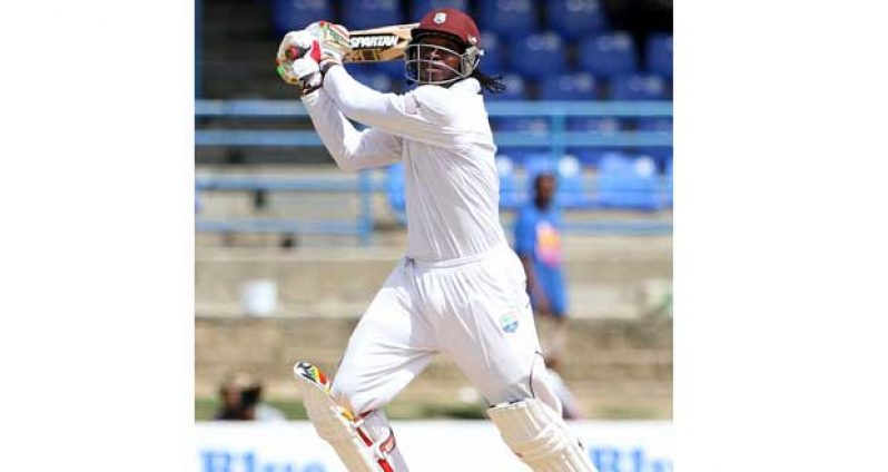 Chris Gayle hits a towering six during his robust unbeaten 80 on  Day 5 of the 2nd Test between West Indies and New Zealand at Queen's Park Oval, Port-of-Spain. (WICB Media Photo/Ashley Allen)