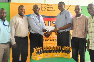 President of the GCA, Roger Harper (third right), collects the sponsorship cheque from Malta Supreme Brand Manager Clayton McKenzie while Shawn Massiah and Mark Harper along with Banks DIH Troy Peters and Mortimer Stewart share the moment.