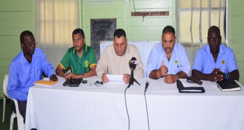 GCB president Drubahadur (third from left) addresses the media along with his other executives at yesterday’s Press Conference at the GCC pavilion. (Adrian Narine photo)