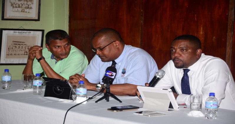 From left to right (GCB secretary Anand Sanasie, WICB vice-president Emmanuel Nanthan and president Dave Cameron. (Photo by Adrian Narine)