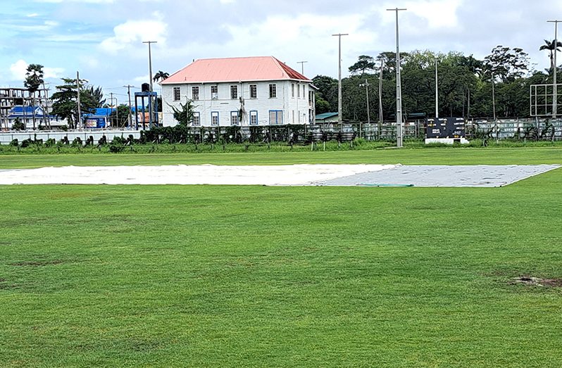 Despite sun coming out yesterday afternoon the covers remained all day at Bourda yesterday (Sean Devers photo)