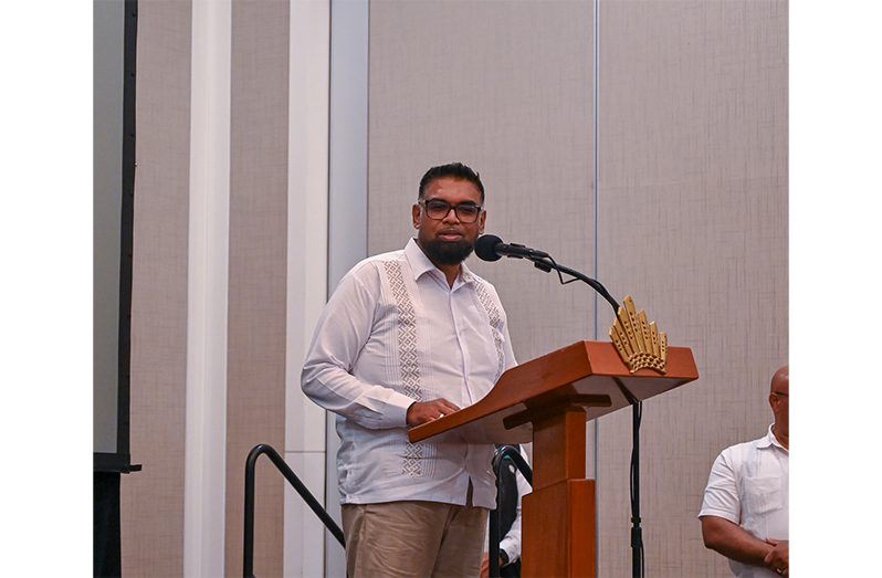 President Dr. Irfaan Ali addressing GCCI’s annual general meeting held at the Kingston Marriot on Thursday (Elton John photos)