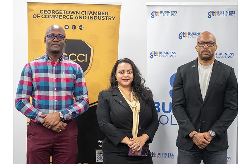 From Left: GCCI President, Kester Hutson, Chair of the GCCI’s entrepreneurship and small business committee, Evie Gurcharan and GTT Chief Operations Officer (Business Solutions), Orson Ferguson (Delano Williams photo)