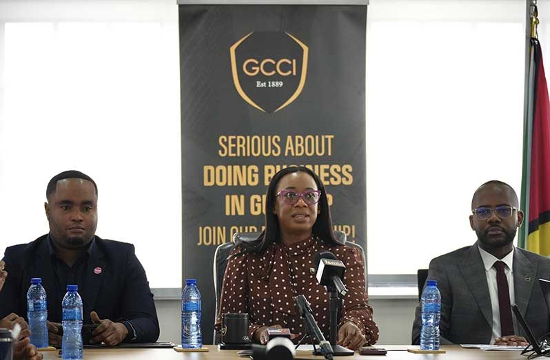From left to right: Jamal Delph, Head of Small and Medium Business at Brava, Georgetown Chamber of Commerce and Industry (GCCI) President Kathy Smith and Christpen Bobb-Semple, Chairman of GCCI’s Entrepreneurship and Small Business Committee (Sachin Persaud photo)