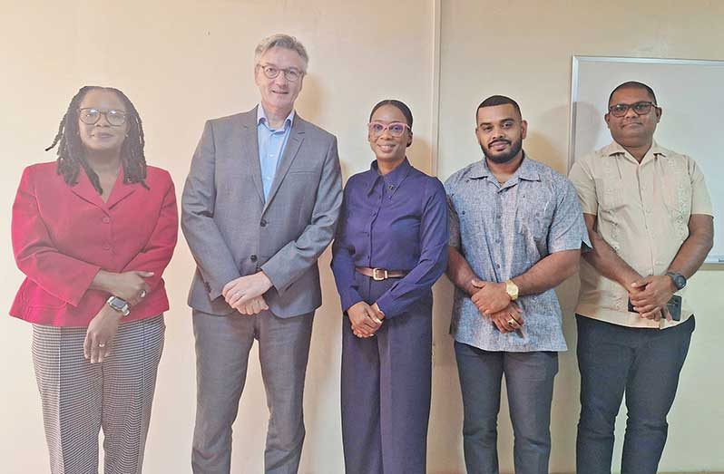 Ambassador to Guyana, H.E. René Van Nes (second from left), Press and Information Officer of the EU Delegation to Guyana, Javin Singh (extreme right) with GCCI officials that includes Senior Vice President Kathy Smith, Secretary and Councillor Melisa McRae-George, and Councillor and Executive Member Richard Rambarran