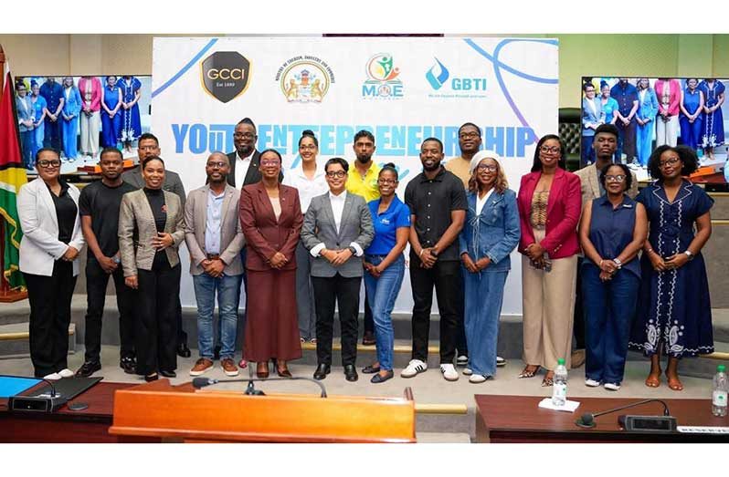 Minister of Tourism, Industry and Commerce, Susan Rodrigues (centre), flanked by President of the GCCI Kathy Smith and other key officials at the first Youth Entrepreneurship Conference by the GCCI