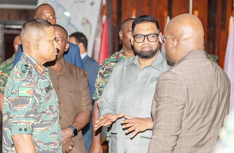 Commander-in-Chief of the Armed Forces, President Irfaan Ali with Chief-of-Staff of the GDF, Brigadier Omar Khan and others during the conference (Delano Williams photos)