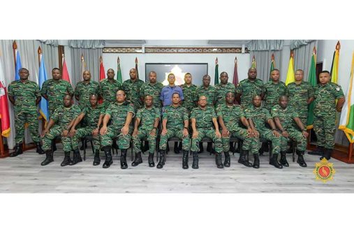 Chief of Defence Staff (CDS) Brigadier Omar Khan (seated at centre) flanked by the top officers who completed the rigorous leadership course along with other senior GDF ranks (GDF photo)