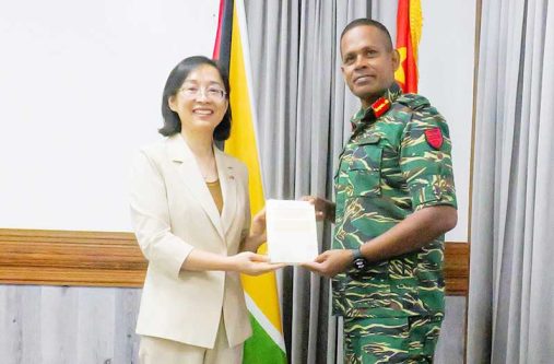 Chief of Defence Staff, Brigadier Omar Khan handed over a token of appreciation to Her Excellency Ambassador Guo Haiyan at Defence Headquarters