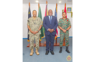 From left, Commander of the U.S. Southern Command, Admiral Alvin Holsey; Prime Minister,  Brigadier Mark Phillips, who is performing the duties of President and Chief of Defence Staff, Brigadier Omar Khan following a meeting at the Guyana Defence Force Headquarters, Base Camp Ayanganna, on Thursday
