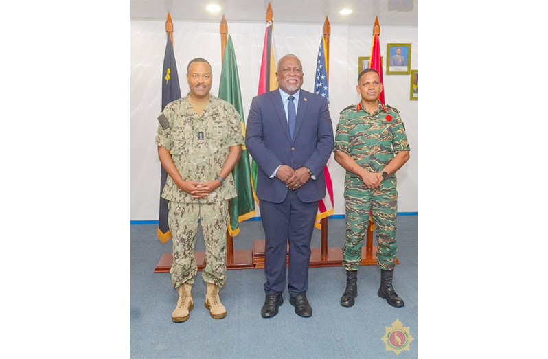From left, Commander of the U.S. Southern Command, Admiral Alvin Holsey; Prime Minister,  Brigadier Mark Phillips, who is performing the duties of President and Chief of Defence Staff, Brigadier Omar Khan following a meeting at the Guyana Defence Force Headquarters, Base Camp Ayanganna, on Thursday