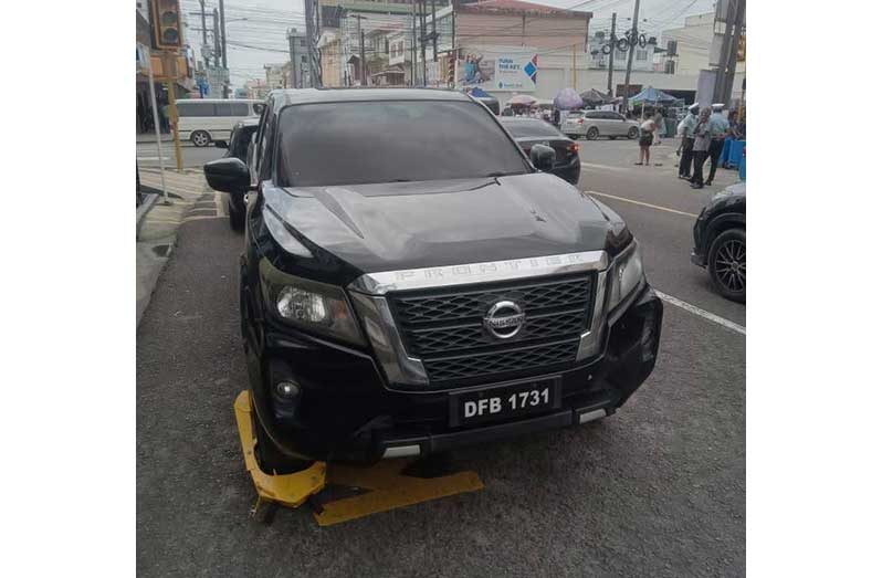One of the Guyana Defence Force (GDF) vehicles which was clamped by traffic officers for road breaches