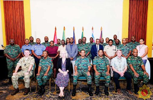 Chief of Defence Staff, Brigadier Omar Khan, MSS ( seated,centre) next to British High Commissioner, Her Excellency Jane Miller along with other officials and the participants of the Psychology of Leadership Course