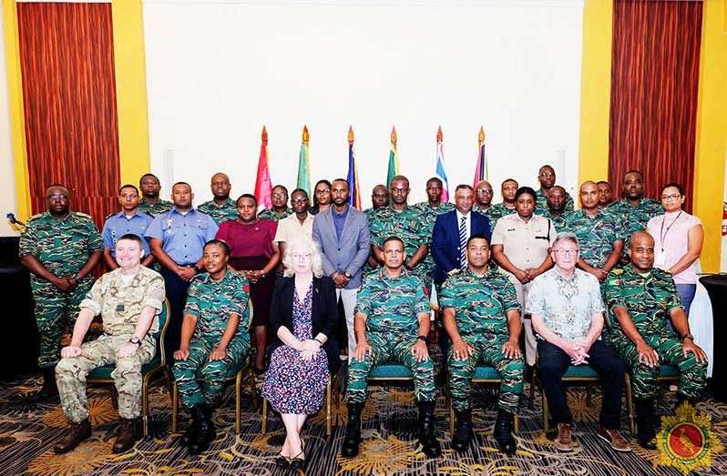 Chief of Defence Staff, Brigadier Omar Khan, MSS ( seated,centre) next to British High Commissioner, Her Excellency Jane Miller along with other officials and the participants of the Psychology of Leadership Course