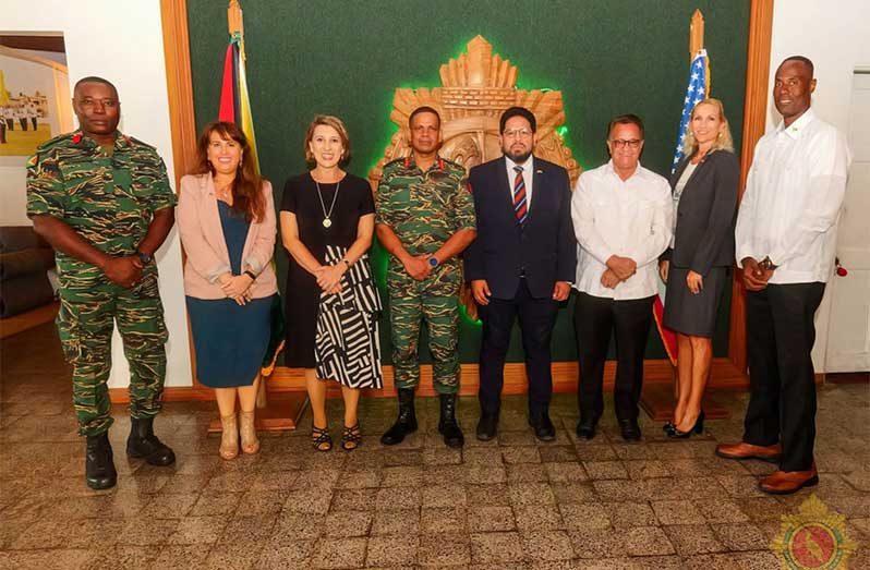Chief of Defence Staff, Brigadier Omar Khan, MSS (fourth from left) with some of the high-level delegation at Base Camp Ayanganna