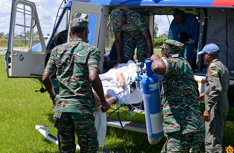 The timely and successful medical evacuation conducted by the Guyana Defence Force (GDF) Medical Corps (GDF) on Sunday, saved the life of a 17-year-old female from Mabaruma, Region One (GDF photo)