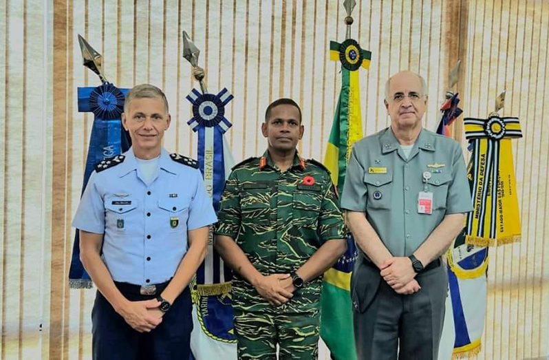 GDF Chief of Staff Brigadier Omar Khan with Chief of the Joint General Staff of the Brazilian Armed Forces, Admiral Renato Rodrigues de Aguiar Freire (right), and Chief of Strategic Affairs of the Joint Chiefs of Staff Brigadier Walcyr Josué de Castilho Araujo (left)