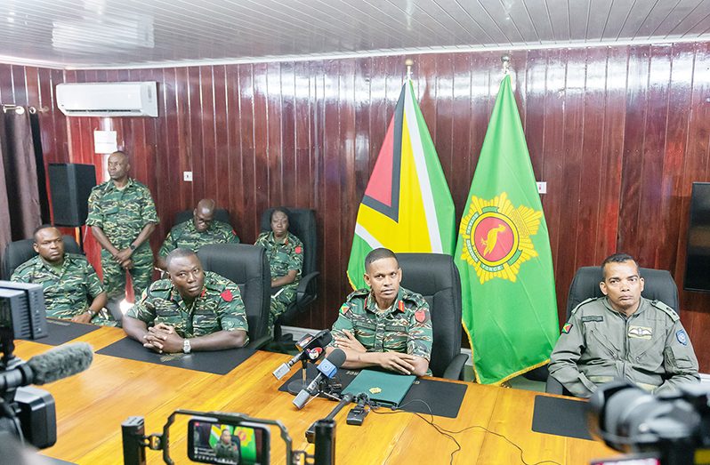 Chief of Staff, Brigadier Omar Khan among other senior ranks during Saturday’s press conference (Delano Williams photo)