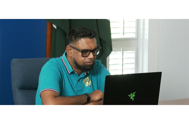 The Commander-in-Chief of the Armed forces, President Dr. Irfaan Ali, speaks to GDF ranks sent to Jamaica as part of hurricane rebuilding efforts during a virtual meeting on New Year’s Day