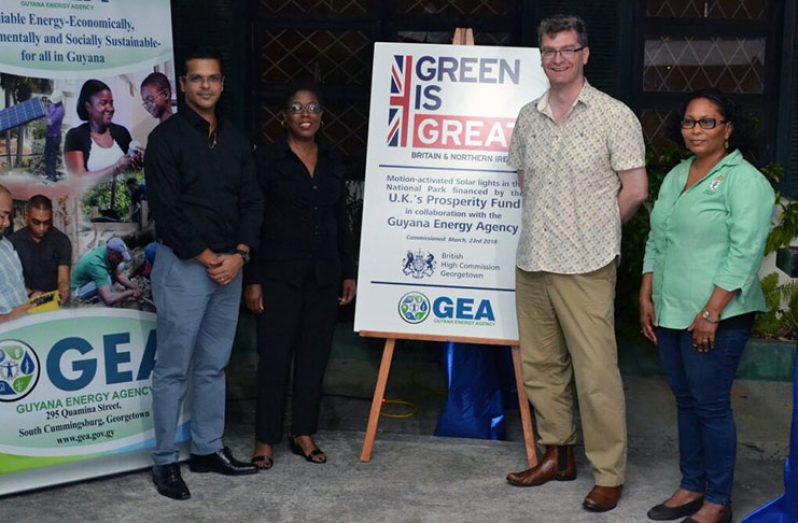 From left to right: GEA Chief Executive Officer Dr Mahender Sharma; Commissioner of the  Protected Areas Commission Denise Fraser, British High Commissioner Gregg Quinn and Department of Environment, Ministry of the Presidency representative Sandra Britton at the commissioning ceremony