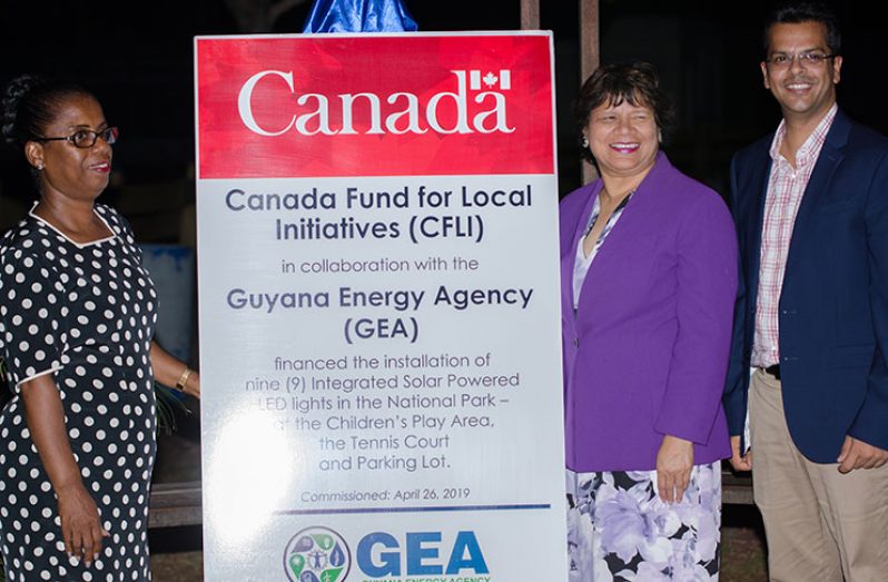 From left: Commissioner of Protected Areas Commission, Denise Fraser; Canadian High Commissioner, Lilian Chatterjee; and CEO of the GEA, Dr. Mahender Sharma after unveiling the project at the National Park