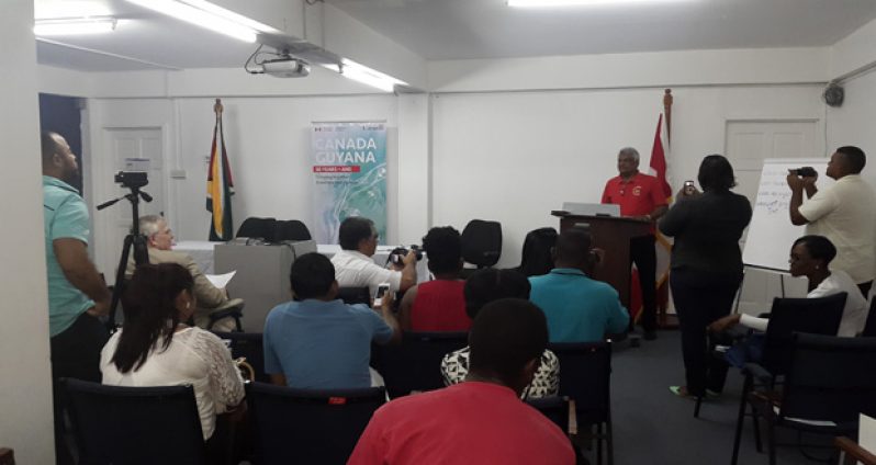 GECOM Chairman Dr Steve Surujbally addressing journalists in attendance at the Local Government Elections training for journalists, held at the Canadian International Development Agency (CIDA) building in Georgetown