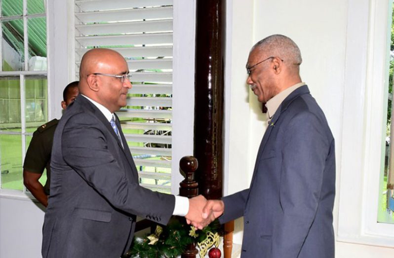File Photo: President David Granger and Opposition Leader Bharrat Jagdeo meeting ahead of a high profile meeting