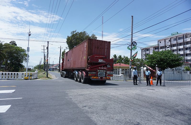 Ballot boxes being transported earlier on Sunday to GECOM’s High and Cowan Streets office
