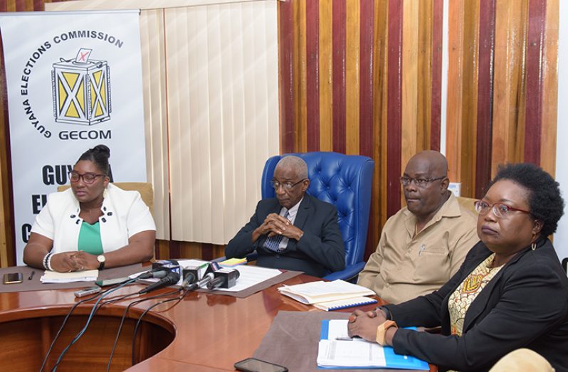 The GECOM team at yesterday’s news conference. Seated from left are: Public Relations Officer, Yolanda Ward; Chairman, Justice (Ret’d) James Patterson; Chief Elections Officer, Keith Lowenfield; and Deputy Chief Elections Officer, Roxanne Myers (Photo by Samuel Maughn)