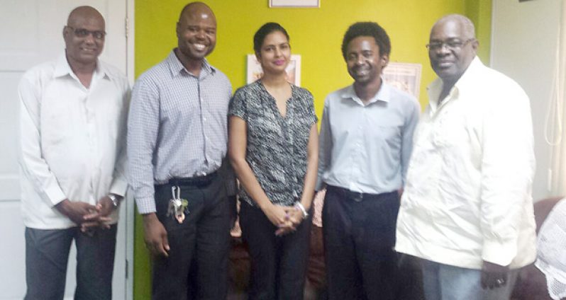 From left are Deputy Chief Election Officer, Mr. Vishnu Persaud; Executive Director of Youth Challenge Guyana, Mr. Dmitri Nicholson; President of Guyana National Youth Council, Ms. Tricia Teekah; Executive Member of Guyana National Youth Council, Mr Francis Bailey; and  Chief Election Officer, Mr. Keith Lowenfield  (Photo courtesy of GECOM)