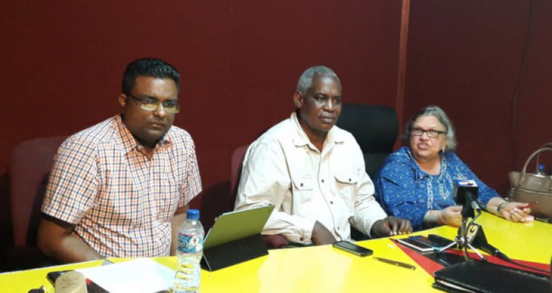 From left: PPP members of GECOM Sase Gunraj, Robeson Benn and Bibi Shadick at Thursday’s press conference