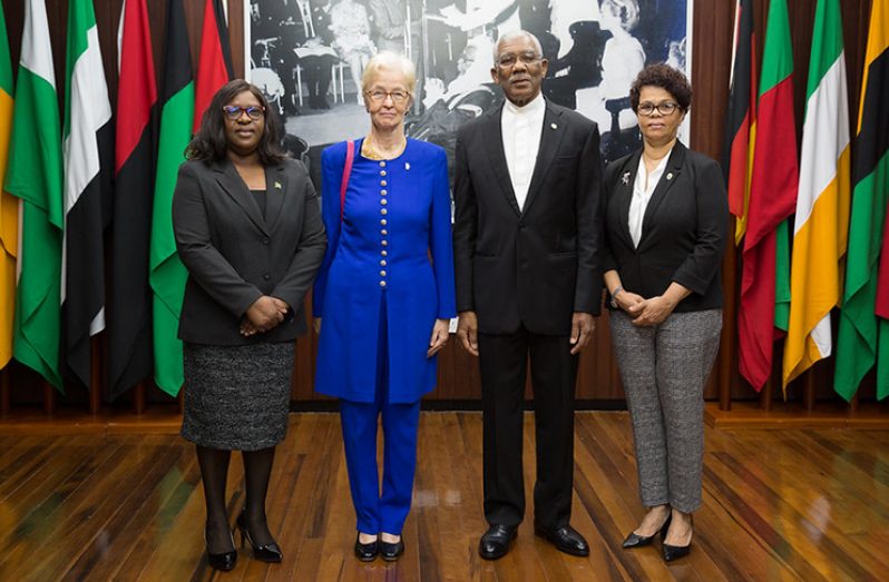 Minister of Foreign Affairs, Hon. Dr. Karen Cummings, Ambassador H.E. Ute König and H.E. President of the Co-operative Republic of Guyana, David Granger and Director-General of the Ministry of Foreign Affairs, Audrey Waddell (DPI photo)