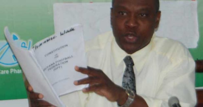 GFF president during yesterday’s Press Conference making a point about the GFF’s constitution and his governance of the game in Guyana. (Sonell Nelson Photo)