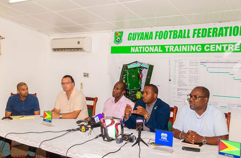 (L-R) Rafael Nabi, Greenfield’s Johannes Van Krimpen, GFF’s First vice-president Bruce Lovell, GFF president Wayne Forde and GFF’s Second vice-president Rawlston Adams. (Delano Williams photo)