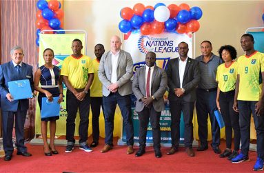 Officials, sponsors and players at the GFF's launch of its 'Roar to Gold Cup' campaign at the Guyana Pegasus.