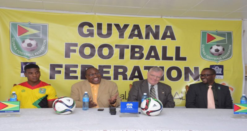 Sitting at the head table at yesterday’s launch of the Golden Jaguars versus Canada National Under-23 football team are, from left, Golden Jaguars midfielder Eon Alleyne GFF Technical Director Jamal Shabazz, Canadian High Commissioner to Guyana Pierre Giroux and GFF president Wayne Forde. (Delano Williams photo)